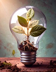 A small plant growing inside a clear light bulb