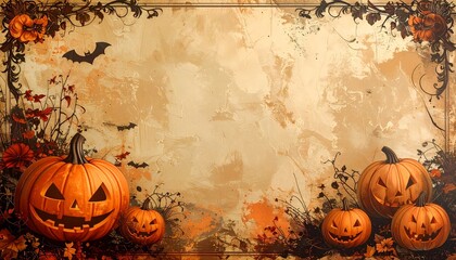 Old-fashioned Halloween wallpaper with jack-o’-lanterns and bats on distressed paper