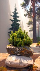A small potted tree atop rocks in a misty forest