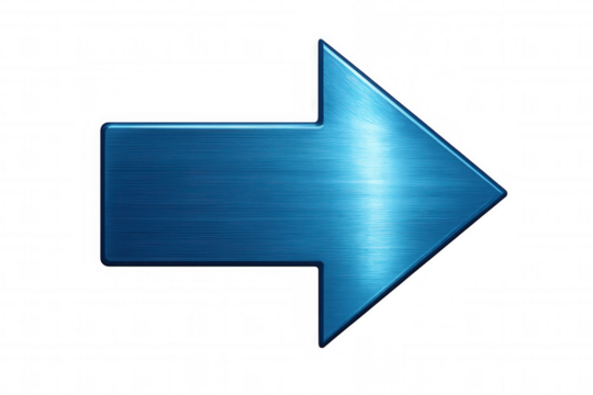 Metallic blue arrow pointer icon indicating direction, movement, and forward progress on transparent background