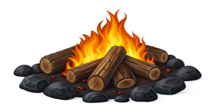 Cozy Campfire with Glowing Flames on Transparent Background
Stylized Night Campfire Illustration with Burning Wooden Logs