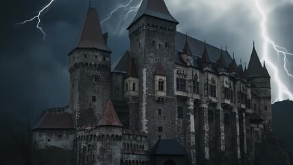 Haunted Castle Under Lightning Storm Dramatic Night Sky. - Powered by Adobe