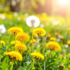 Bright dandelion meadow in sunlight