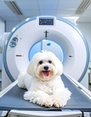 A small white dog on a medical examination table in front of a CT scanner