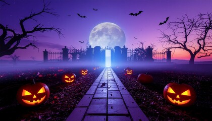 A spooky Halloween night scene with glowing carved pumpkins on a path leading to a haunted house