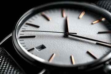 Macro close-up of an analog watch face with a date window and metallic mesh strap