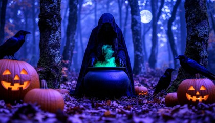 A mysterious witch in a dark forest, standing over a glowing cauldron with green smoke swirling upward