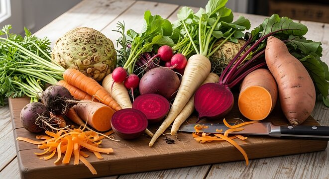 Fresh Root Vegetables Assortment on Wooden Board.