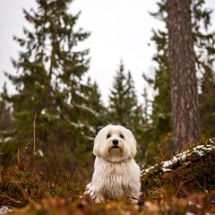 A small, white dog sits in a wintry forest