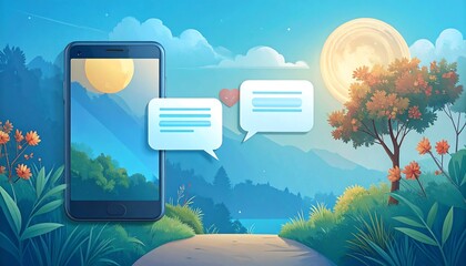 A smartphone displays a peaceful night scene with messages