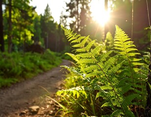 Sunlight streams through forest ferns