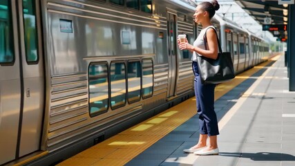 Young woman waiting at a train station platform, holding coffee and looking towards an arriving train, on a sunny day - Powered by Adobe