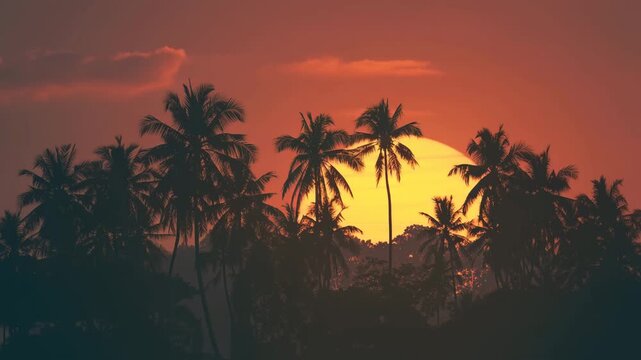 Silhouette of palm trees against a large, bright sun during sunset in a tropical location image photo