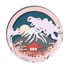 Paper art, layered illustration, paper cut out. Landscape of Japan on the mountain