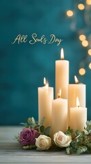 A Beautiful Arrangement of Candles and Flowers for All Souls Day, Illuminating Softly Against a Teal Background with a Festive Ambiance
