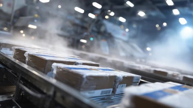 Explore the high-tech interior of an industrial freezer with automated machinery, where mist swirls around gleaming ice and stainless steel under bright lights.