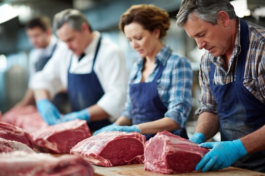 Group of professional butchers wearing aprons and gloves preparing large raw cuts of beef on a wooden counter in a meat processing facility.