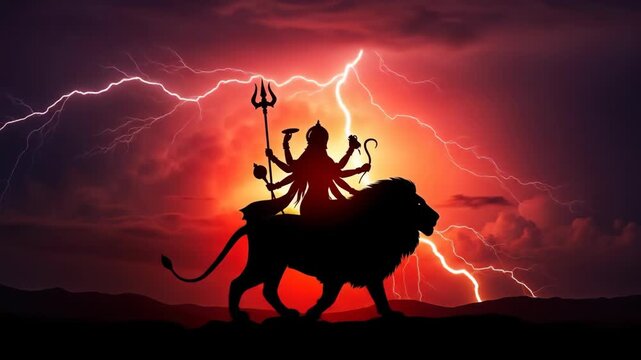 Silhouette of Goddess Durga on Lion with Lightning Sky for Diwali Dussehra Dusshera Chaitra Gupt Navratri Puja Ashtami Festival Celebrations