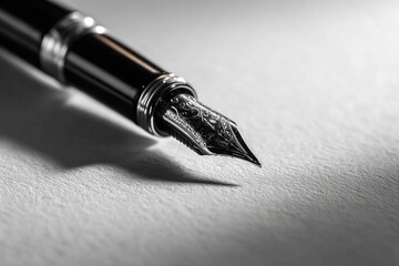 Close-up view of a fountain pen nib ready for writing on white paper