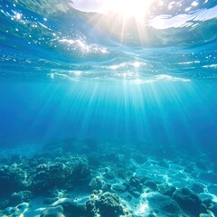 Sunlight streams through the turquoise water onto the ocean floor