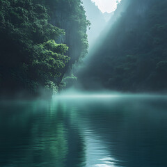 Obraz premium Dreamy wide-angle view of fog drifting over emerald waters near the cave entrance, Vietnam, dark cliffs towering behind the scene, lush jungle cascading toward the lake,
