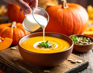 Close-up of a hand pouring cream into a bowl of pumpkin cream soup, decorated with fresh herbs and seeds