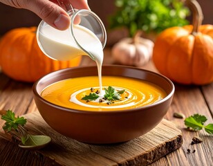 Autumn pumpkin soup with cream and parsley
