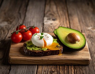 Close-up of a rustic wooden board with avocado toast topped with a poached egg and fresh herbs, served with cherry tomatoes and half an avocado. Healthy breakfast concept.