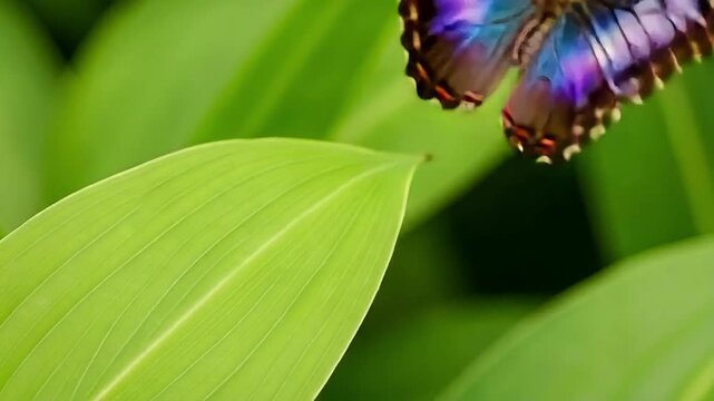 Watch a vibrant blue morpho butterfly flutter gracefully on a lush green leaf, a moment of natural beauty and delicate movement in the rainforest canopy