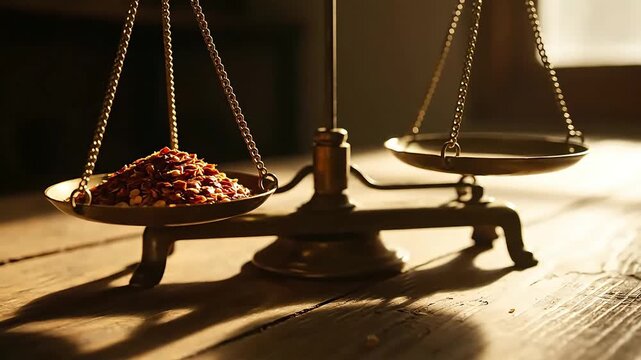 Traditional brass balance scale featuring a pile of vibrant red chili flakes on a rustic wooden table bathed in warm dramatic lighting for spice measurement 
