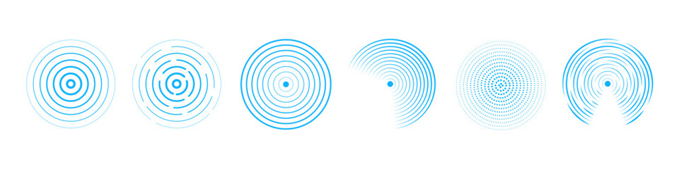 Set of blue sonar wave icons with concentric circles and touch pulse effect. Seismic radar signal, soundwave rings, ripple motion. Vector illustration for UI, tech, and alert systems.