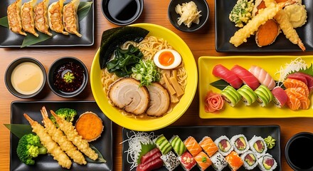 Delicious Japanese Cuisine A Colorful Spread of Sushi, Ramen, and Tempura for a Feast