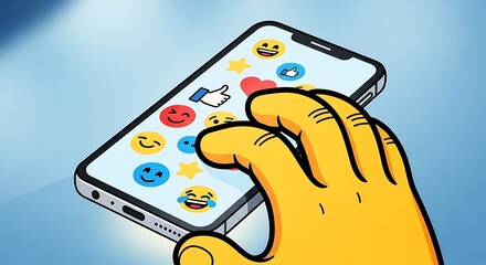 Hand Interacting with Social Media Emojis on Smartphone Screen.