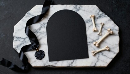 Gothic Halloween party invitation mockup featuring a black arch card and decorative elements on a festive flat lay