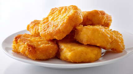 白皿に山積みにされた食欲をそそるきつね色の衣の揚げたて熱々の鶏肉のチキンナゲット