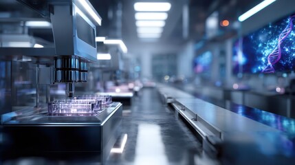 Obraz premium Futuristic laboratory with robotic automation and digital DNA interface