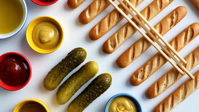 Mini baguettes arranged diagonally with colorful bowls of ketchup, mustard, and pickles on a clean white background