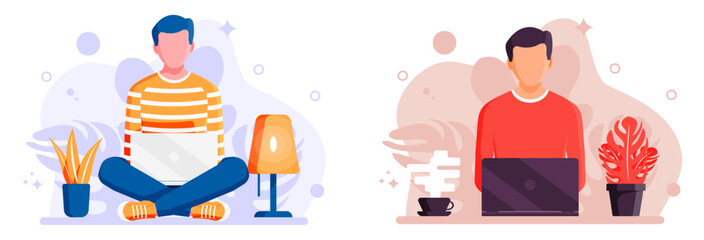 Man freelancer working remotely with laptop. Remote work concept for business. Online learning and education illustration in flat style.
