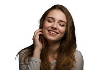 Smiling young woman with eyes closed isolated on transparent background