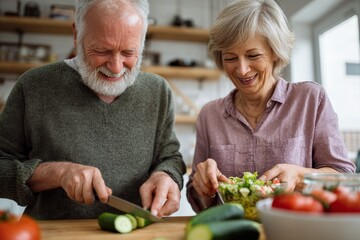 Elderly caucasian couple joyfully preparing salad together in home kitchen