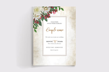 WEDDING INVITATION FRAME WITH FLOWER DECORATIONS AND FRESH LEAVES