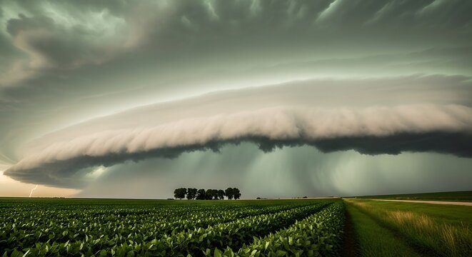 Massive Arcus Shelf Cloud Advances Over Rural Green Field.