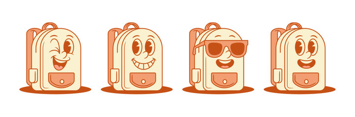 Funny schoolbag back to school cartoon character smiling set isometric vector illustration. Happy smiling backpack bag pupil studying college education minimalist mascot in sunglasses