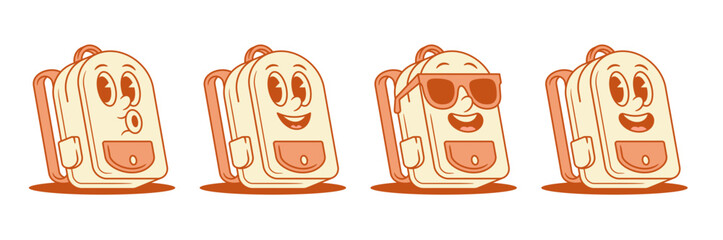 Funky cute schoolbag back to school cartoon character set isometric vector illustration. Happy smiling whistling backpack bag pupil studying minimalist monochrome mascot in sunglasses positive emotion