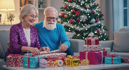 A cheerful older couple works together, surrounded by wrapping paper.
