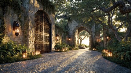 Stone gatehouse entrance with pathway and lanterns.