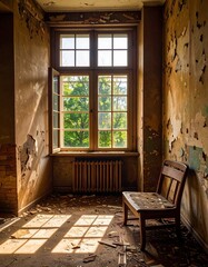 Sunlit room in a decaying building
