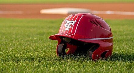A red baseball helmet placed on grass, symbolizing player safety and protection in the match