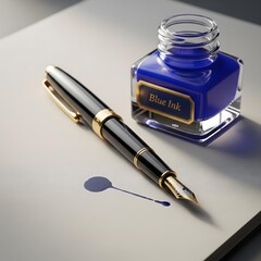 Close-up of fountain pen with ink bottle.