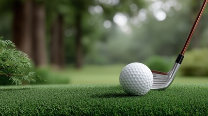 Close-up of a golf club hitting a ball on a lush green field with natural background. Perfect for sports events, advertising banner